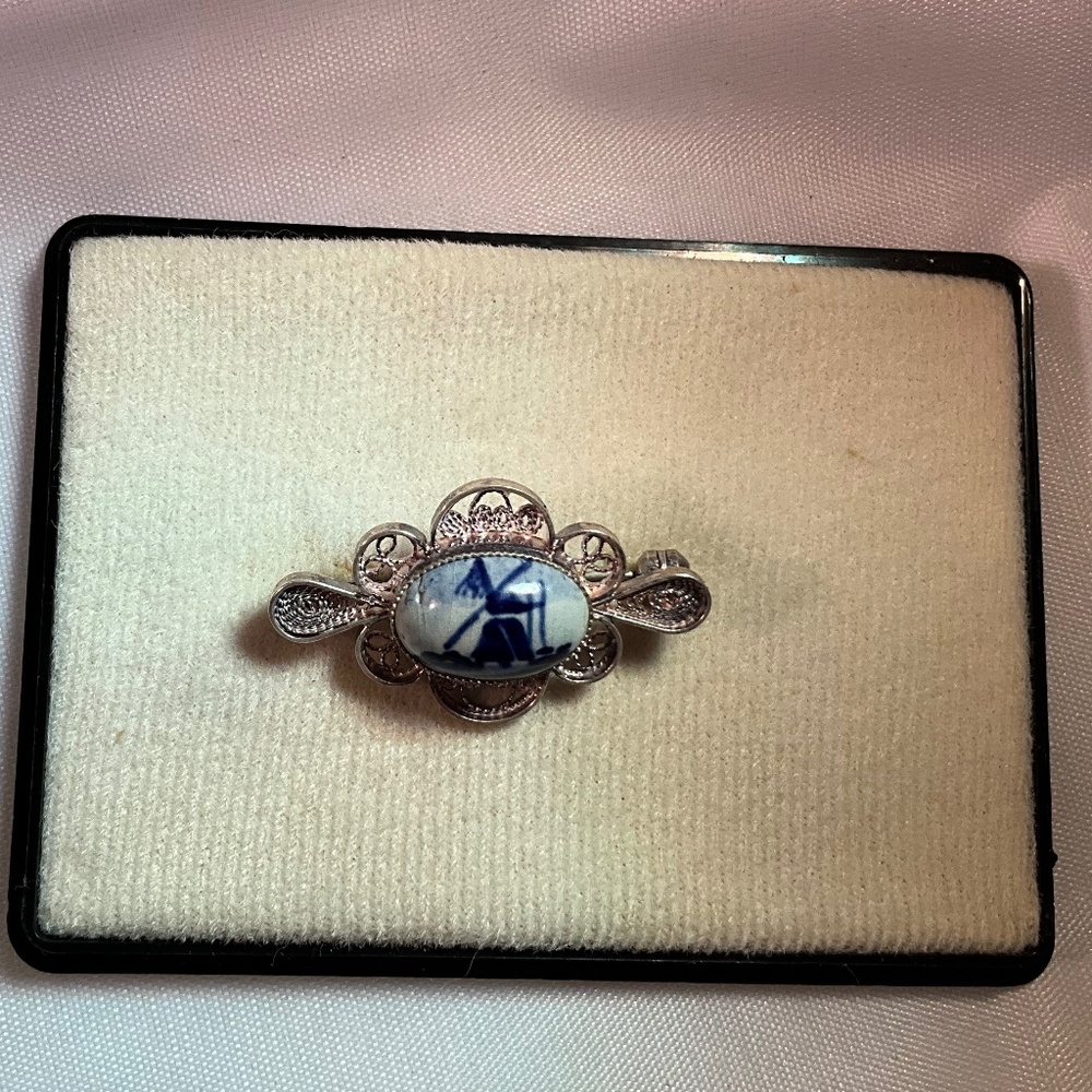 Silver Filigree and Ceramic Delft Pin Holland